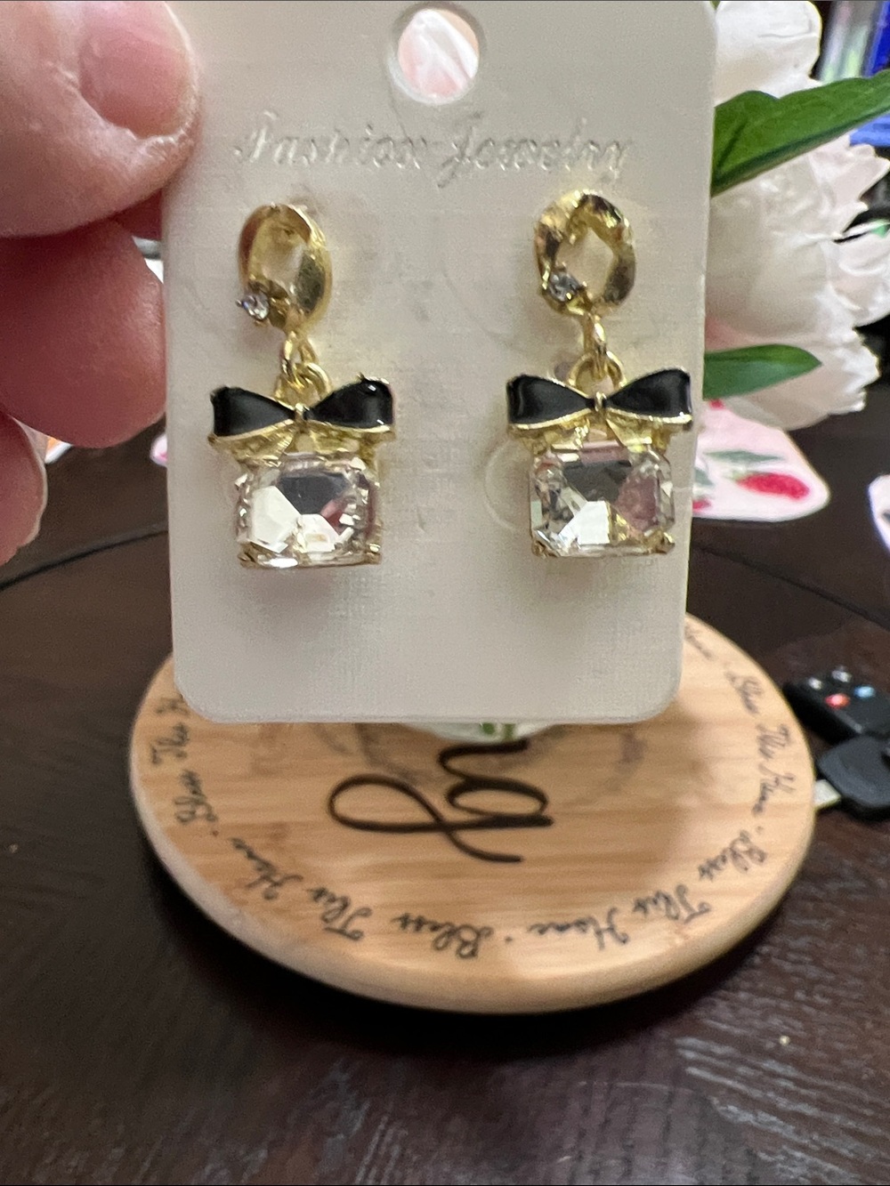 New Fashion Jewelry Gold-Tone Bow Drop Earrings with Black and Clear Accents